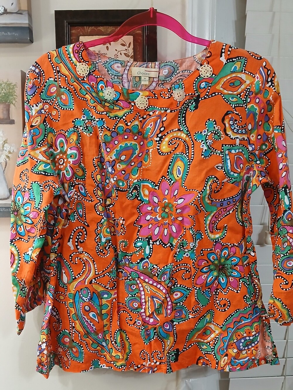 Choices Women’s M Orange Multicolor Paisley Round Neck 3/4 Sleeve Woven Blouse M
